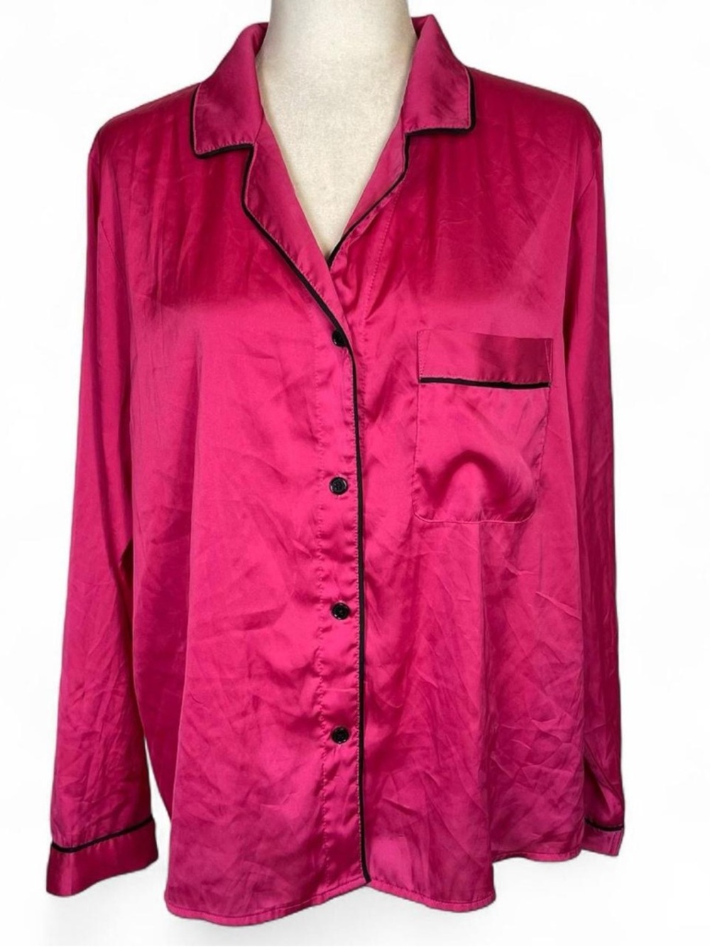 Stars Above Large L Button Down Pajama Top Shirt Long Sleeve Pink Black Trim